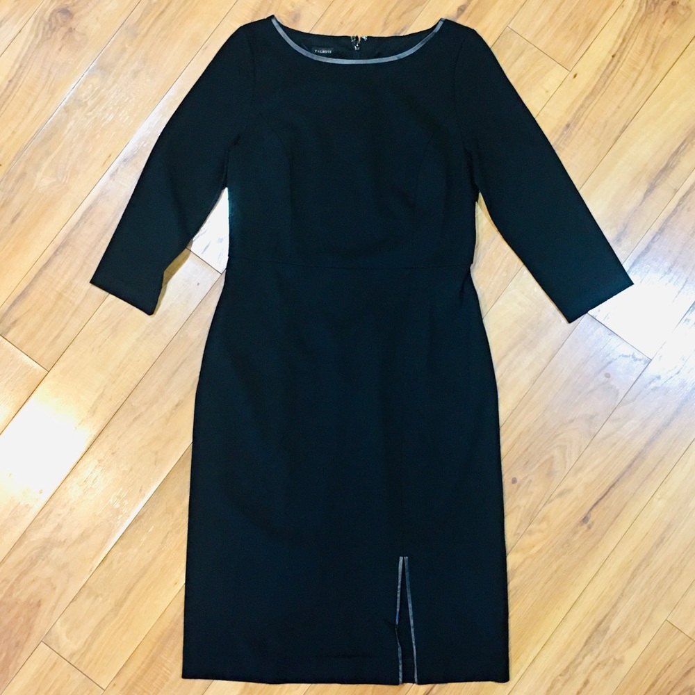 Talbots black cotton stretch knit pencil dress leather accents 6 medium …
